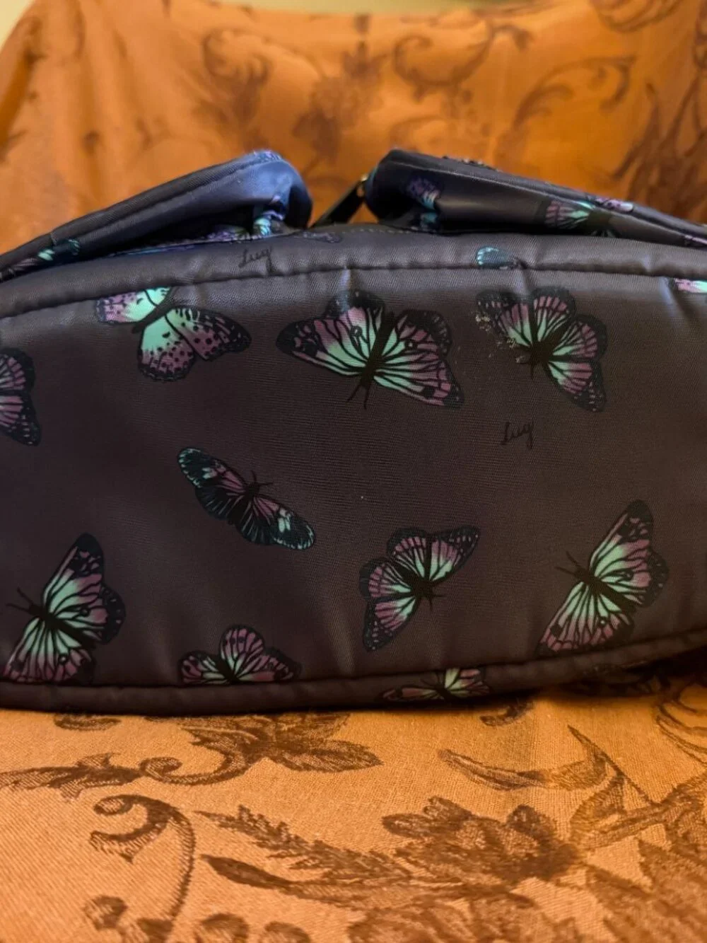 Lug Zipliner 2 Convertible Hobo Bag Gray w/Pink & Blue Butterfly Print